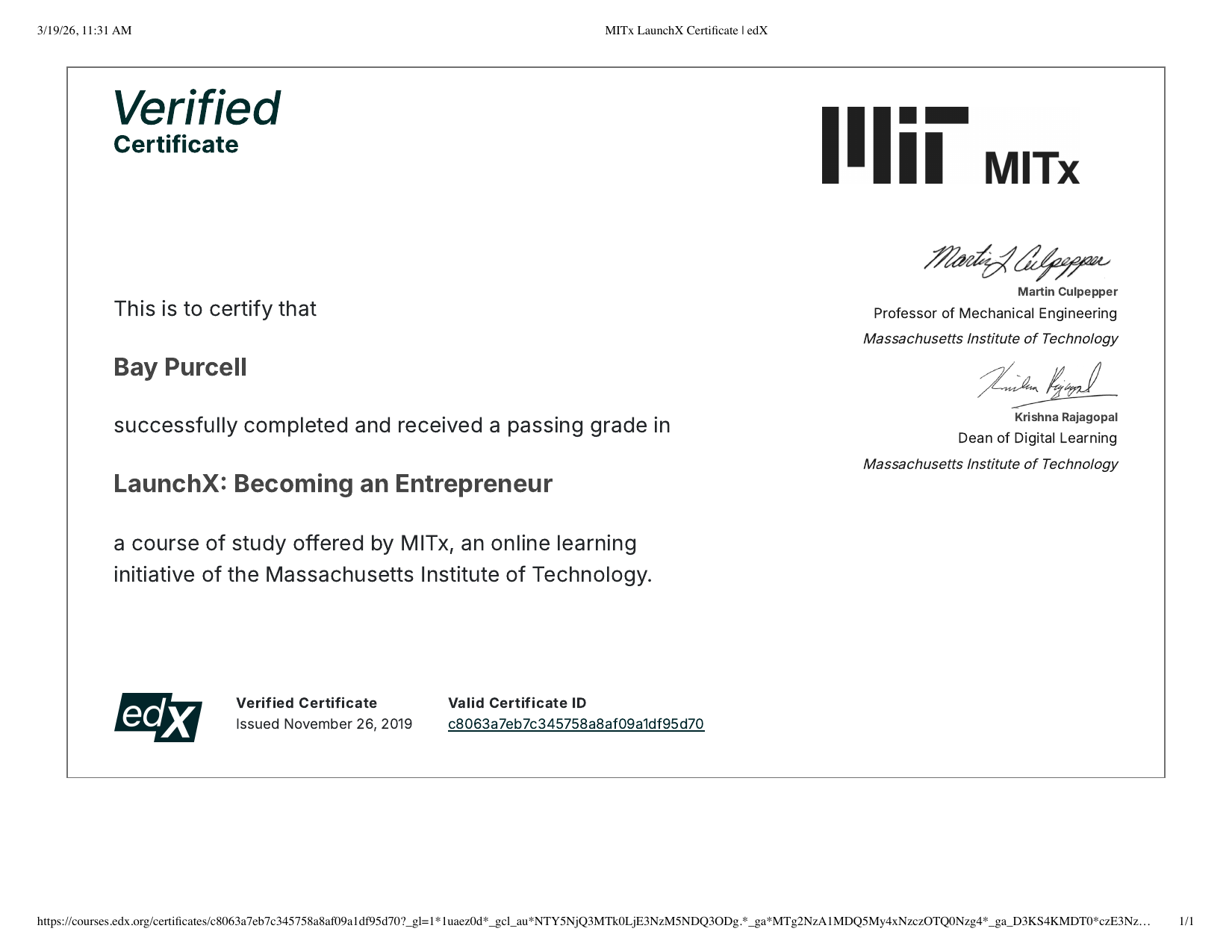 MIT LaunchX certificate