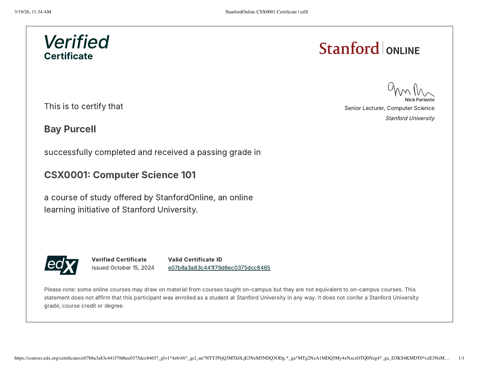 Stanford Online — Code in Place certificate
