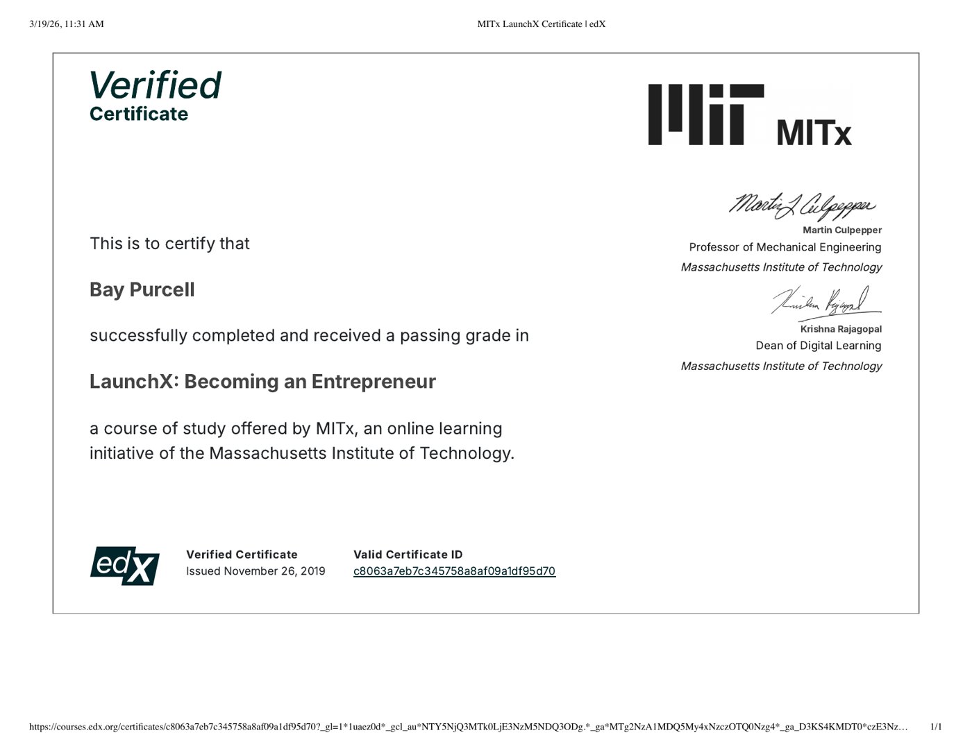MIT LaunchX certificate