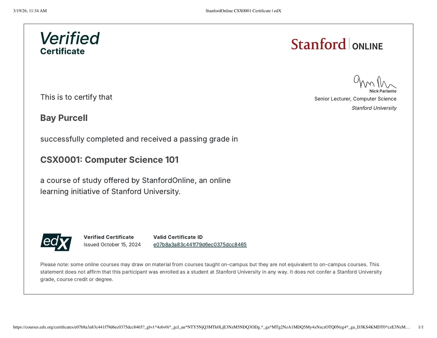 Code in Place (CS101) certificate