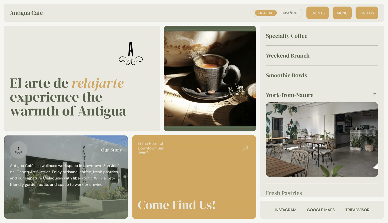 Antigua Cafe — un sitio web creado por Search Visionary Tech